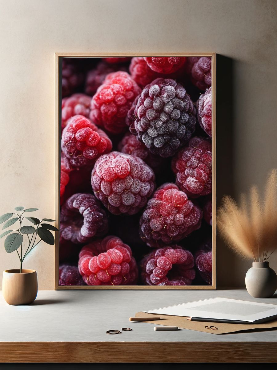 Frozen Raspberries Photography Poster. — room view 2