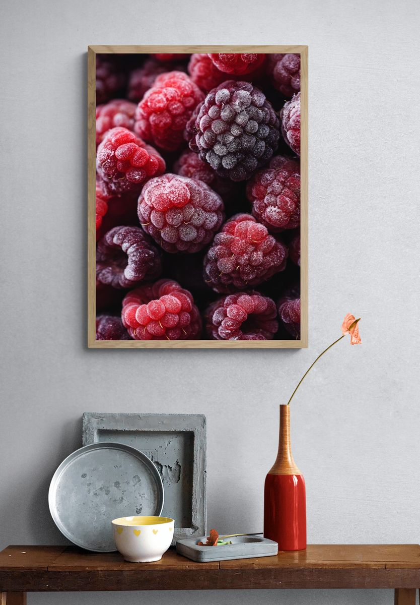 Frozen Raspberries Photography Poster. — room view 3