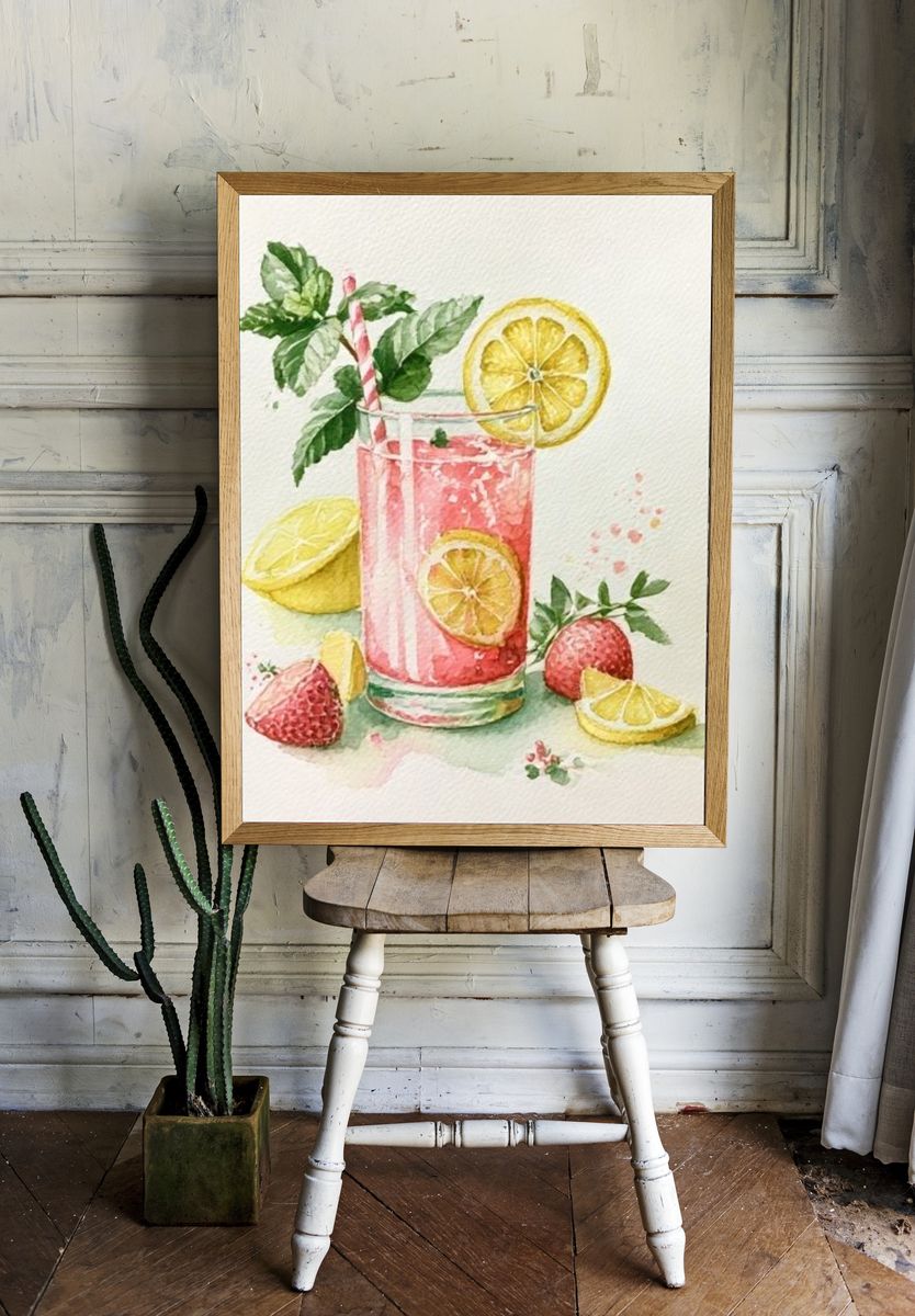 Pink Citrus Cocktail Watercolor Print. room preview