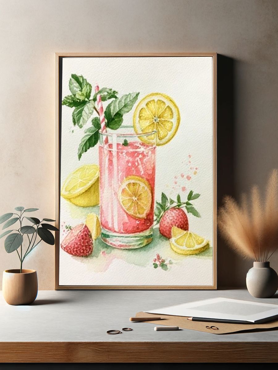 Pink Citrus Cocktail Watercolor Print. — room view 2