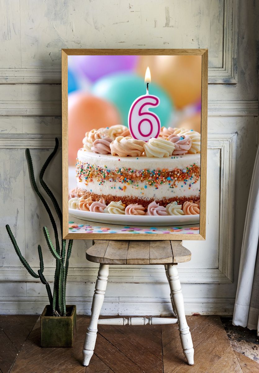 Birthday Cake with Number 6 Print. room preview