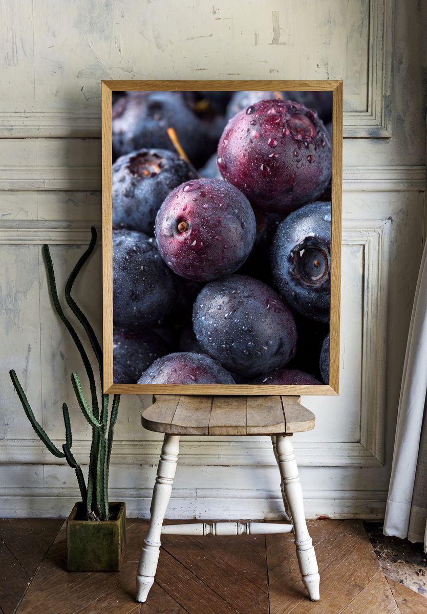 Wet Blueberries Photography Poster. room preview