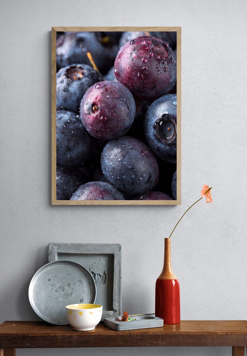 Wet Blueberries Photography Poster. — room view 3