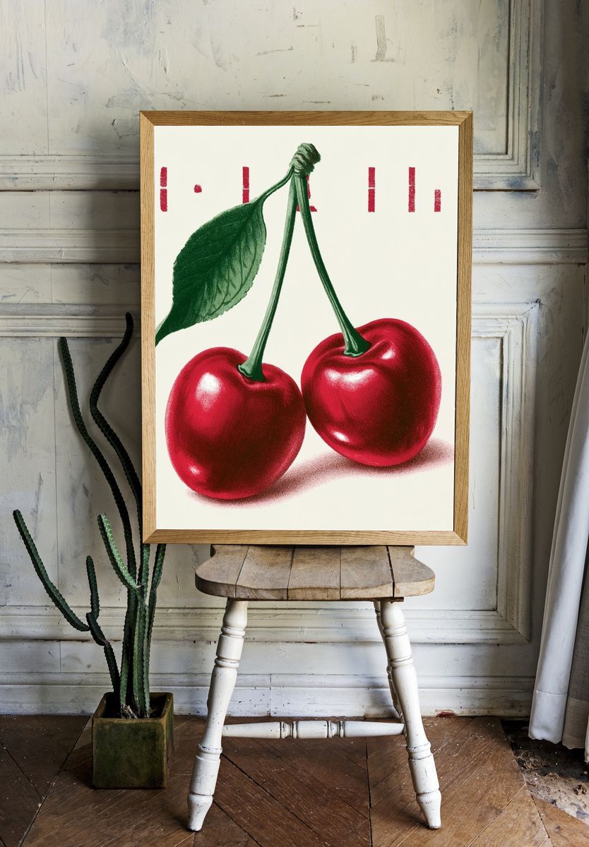 Cherry Still Life Vintage Print. room preview