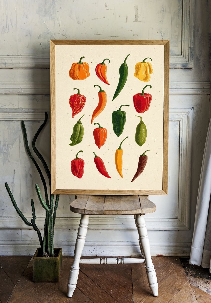 Colorful Chili Peppers Illustration Poster. room preview