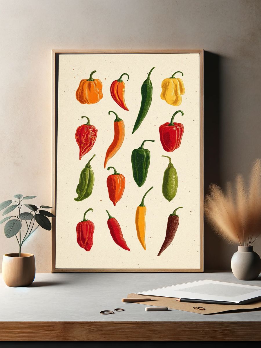 Colorful Chili Peppers Illustration Poster. — room view 2