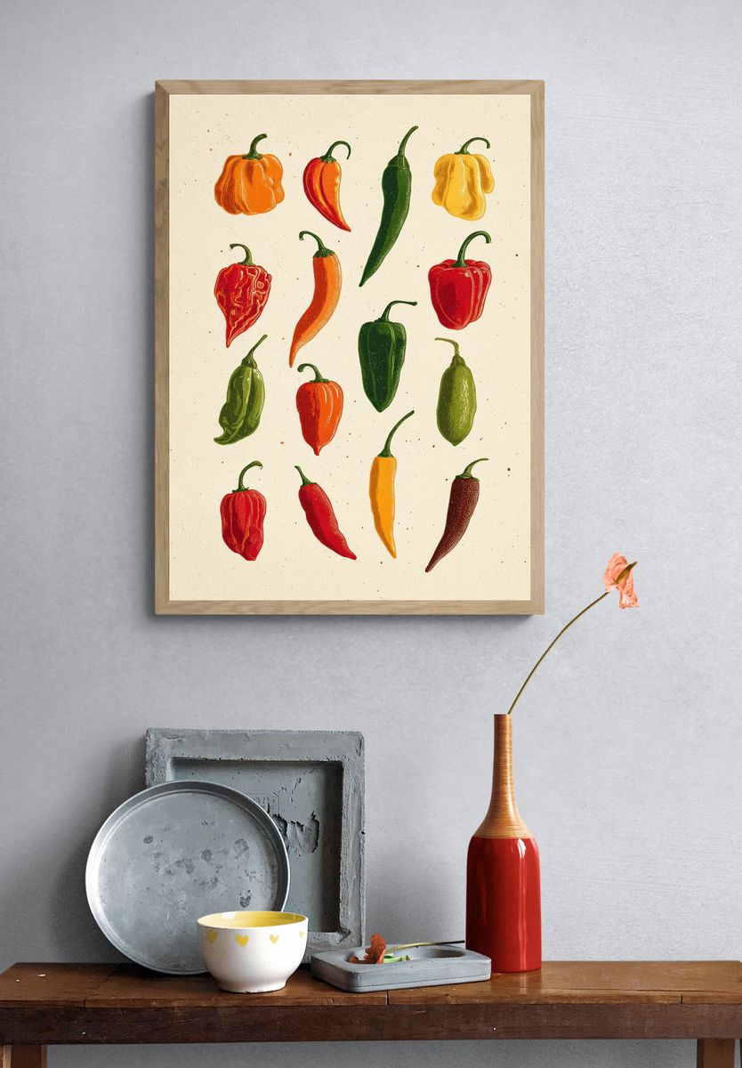 Colorful Chili Peppers Illustration Poster. — room view 3