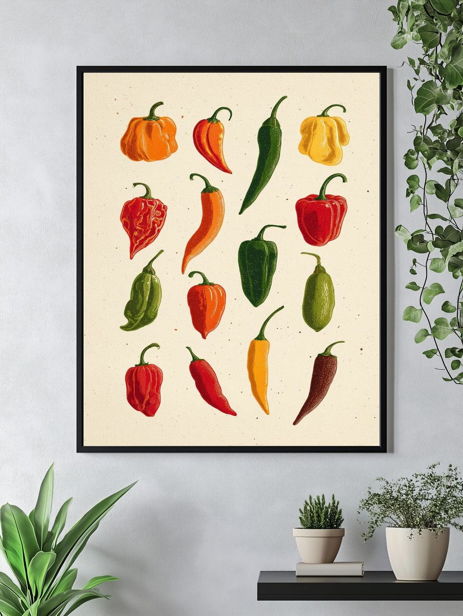 Colorful Chili Peppers Illustration Poster. — room view 4