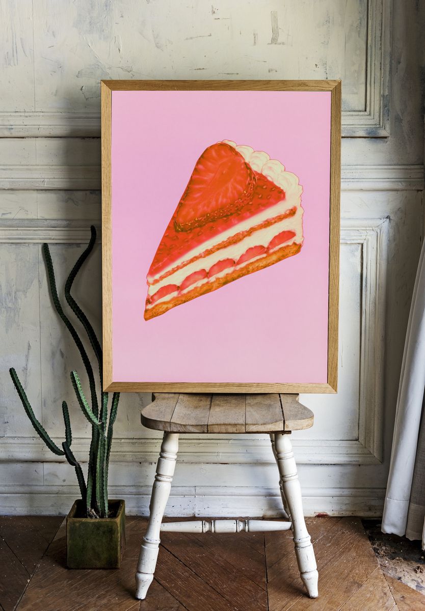 Strawberry Cake Slice Food Poster. — room view 1