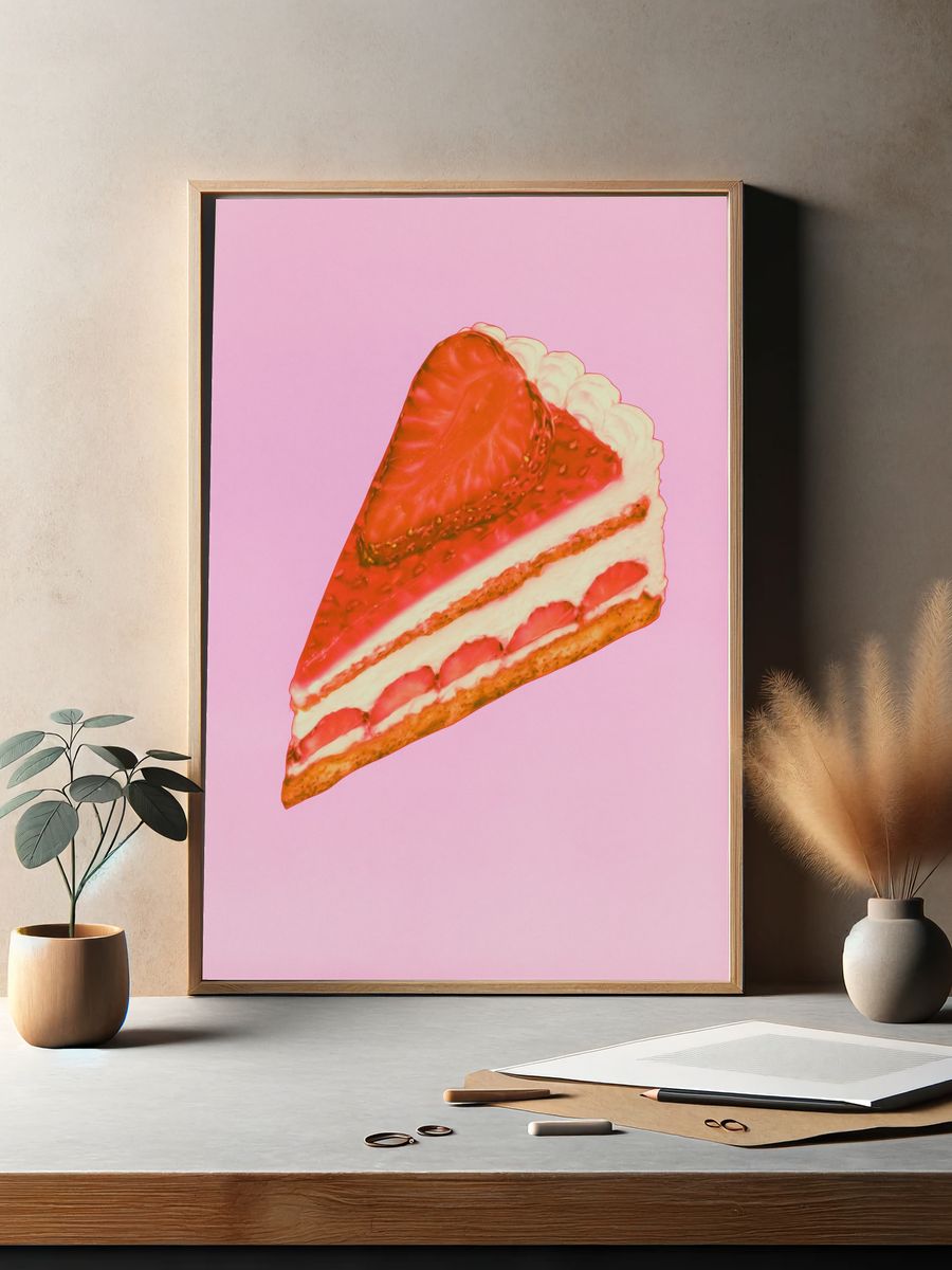 Strawberry Cake Slice Food Poster. — room view 2