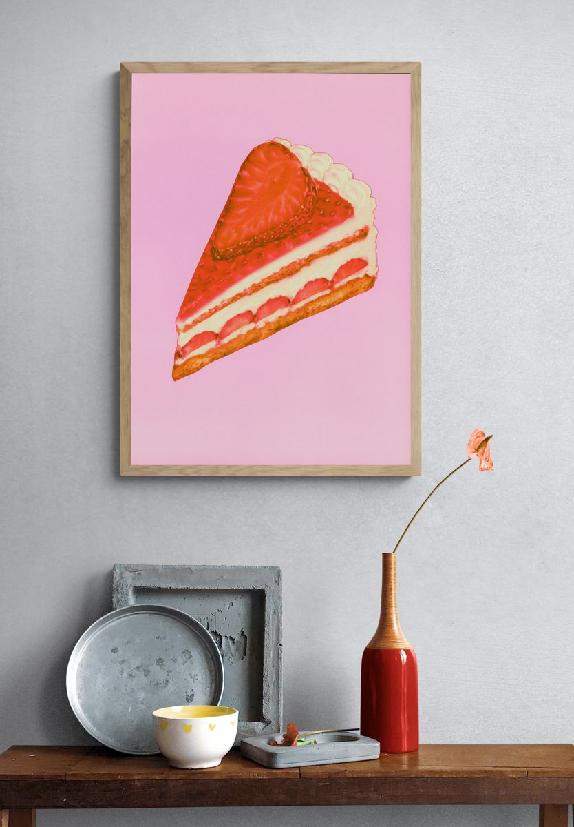 Strawberry Cake Slice Food Poster. — room view 3