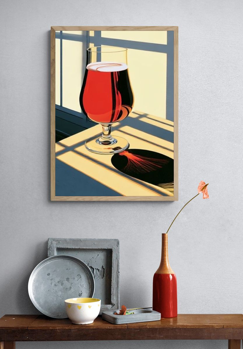Sunlit Wine Glass Still Life Poster. — room view 3