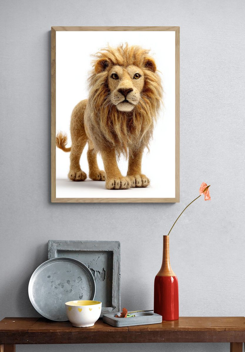 Lion — Felted Animal Art Print. — room view 3