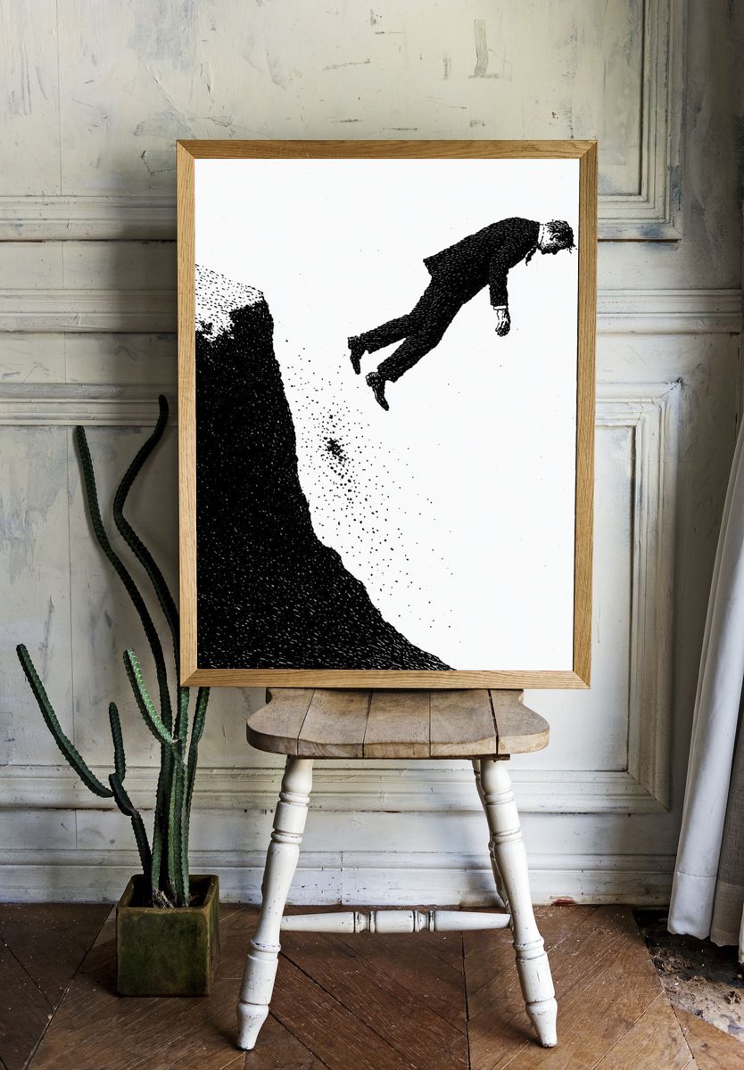 Falling Figure Black-White Print. room preview