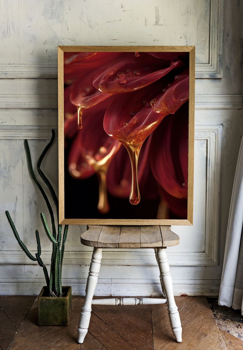 Red Flower with Golden Drops — Fine Art Print. — room view 1