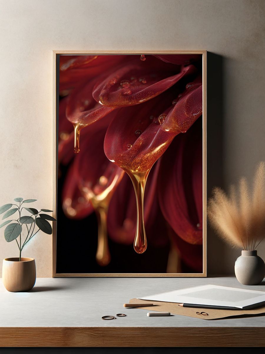 Red Flower with Golden Drops — Fine Art Print. — room view 2