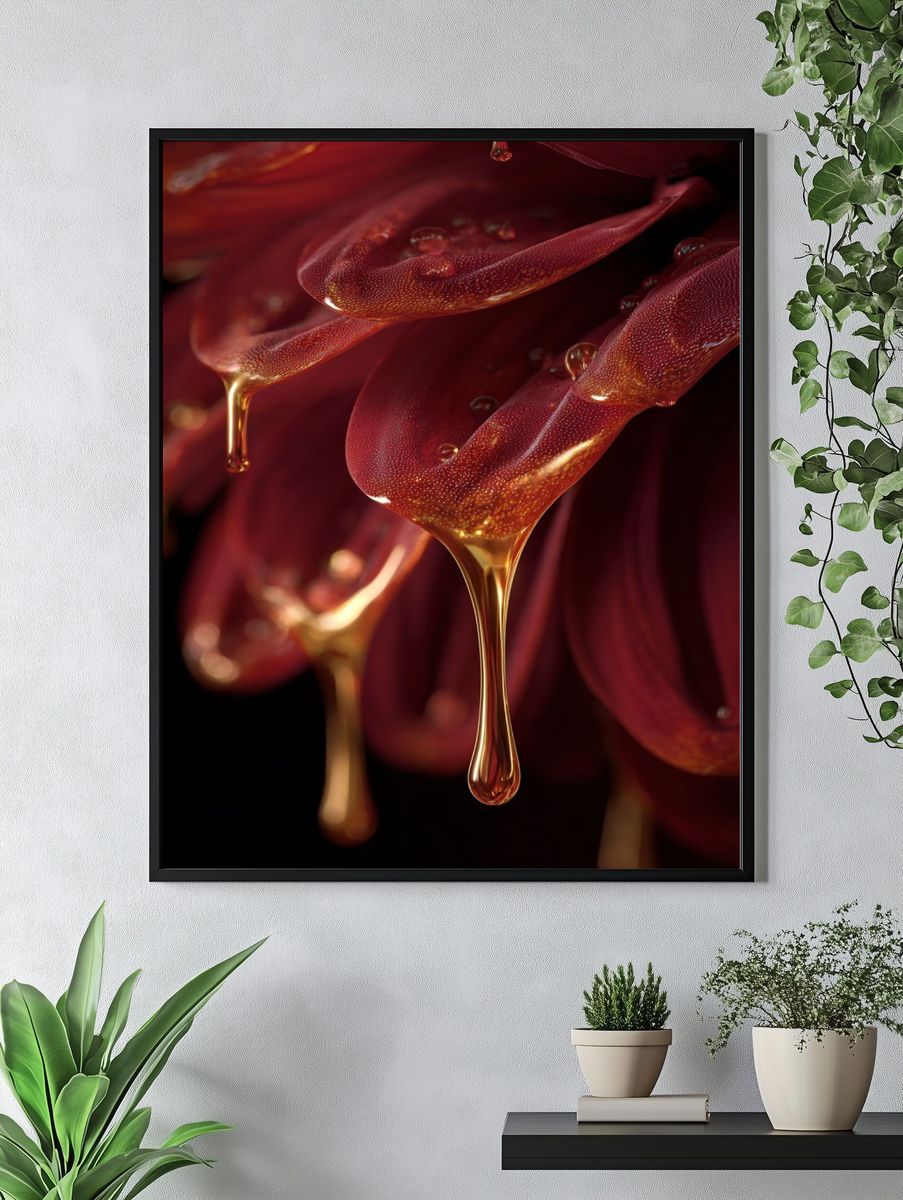 Red Flower with Golden Drops — Fine Art Print. — room view 4
