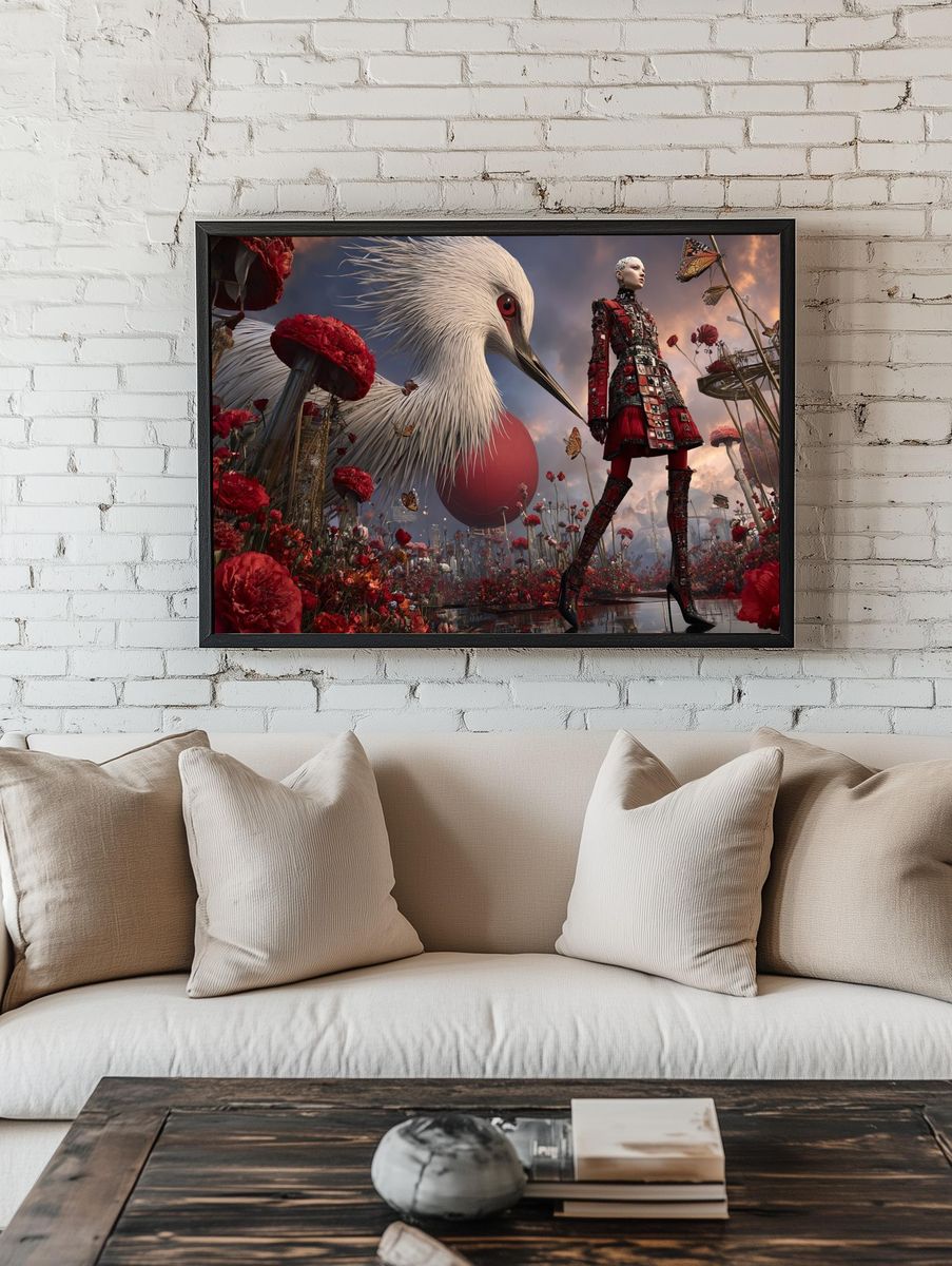 Futuristic Fashion in a Floral Landscape Poster. — room view 1