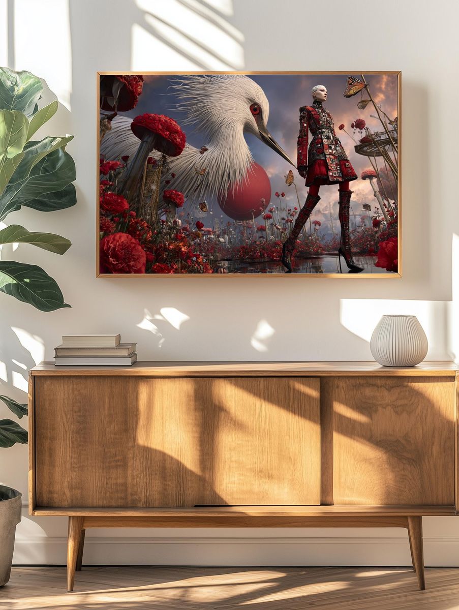 Futuristic Fashion in a Floral Landscape Poster. — room view 3