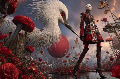 Futuristic Fashion in a Floral Landscape Poster. poster