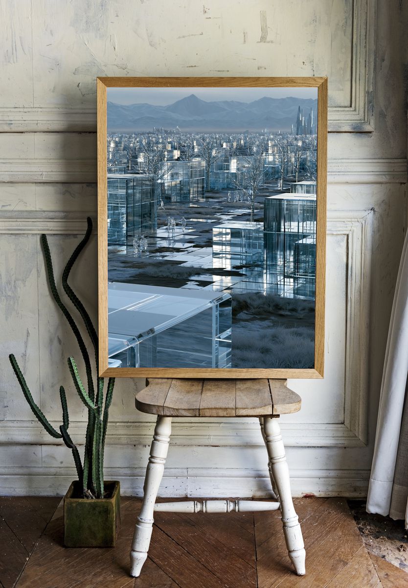Futuristic Glass Cityscape Print. room preview