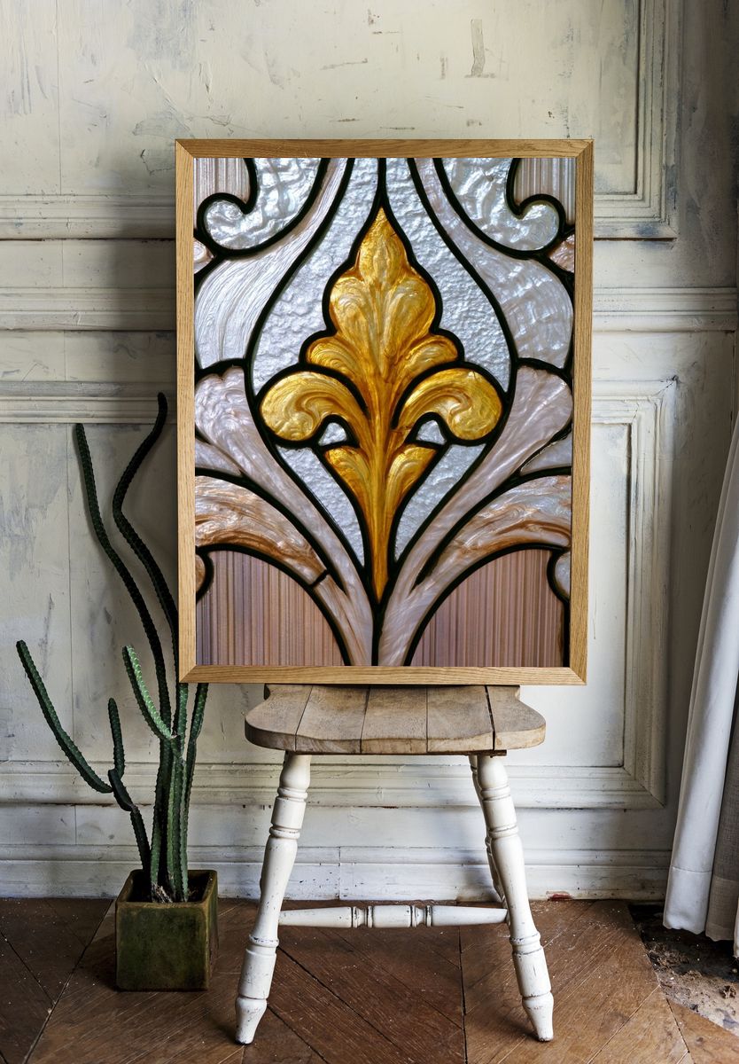 Gilded Fleur-de-Lis Stained Glass Print. room preview