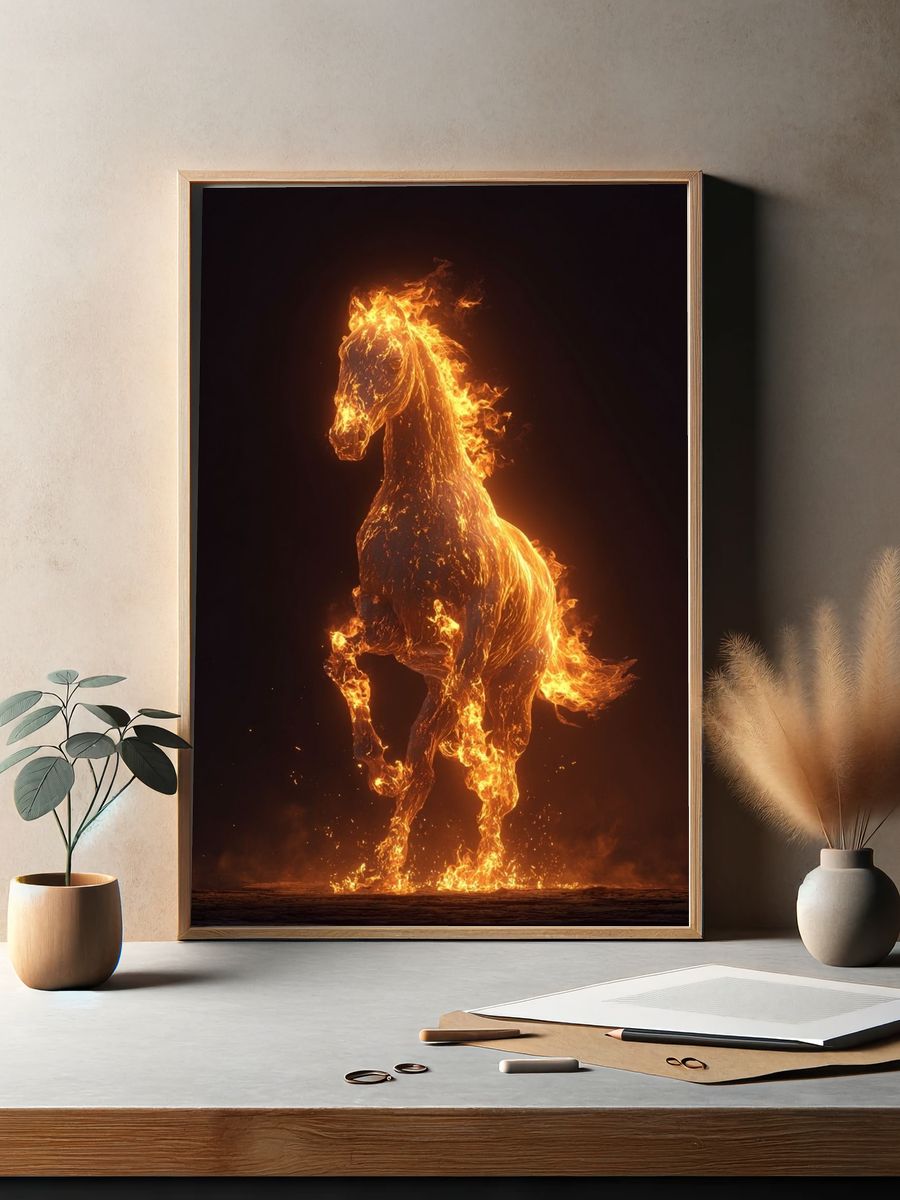 Flaming Horse Digital Art Poster. — room view 2