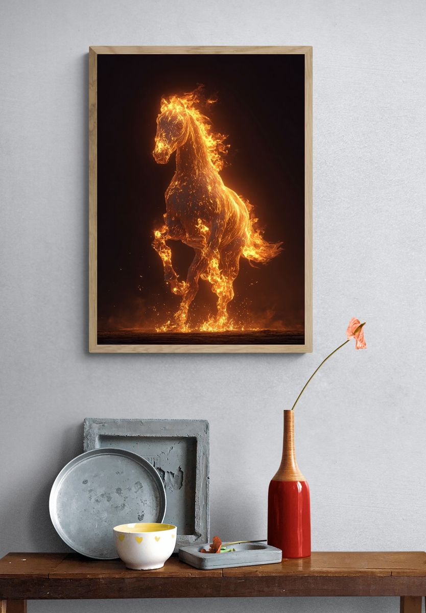 Flaming Horse Digital Art Poster. — room view 3