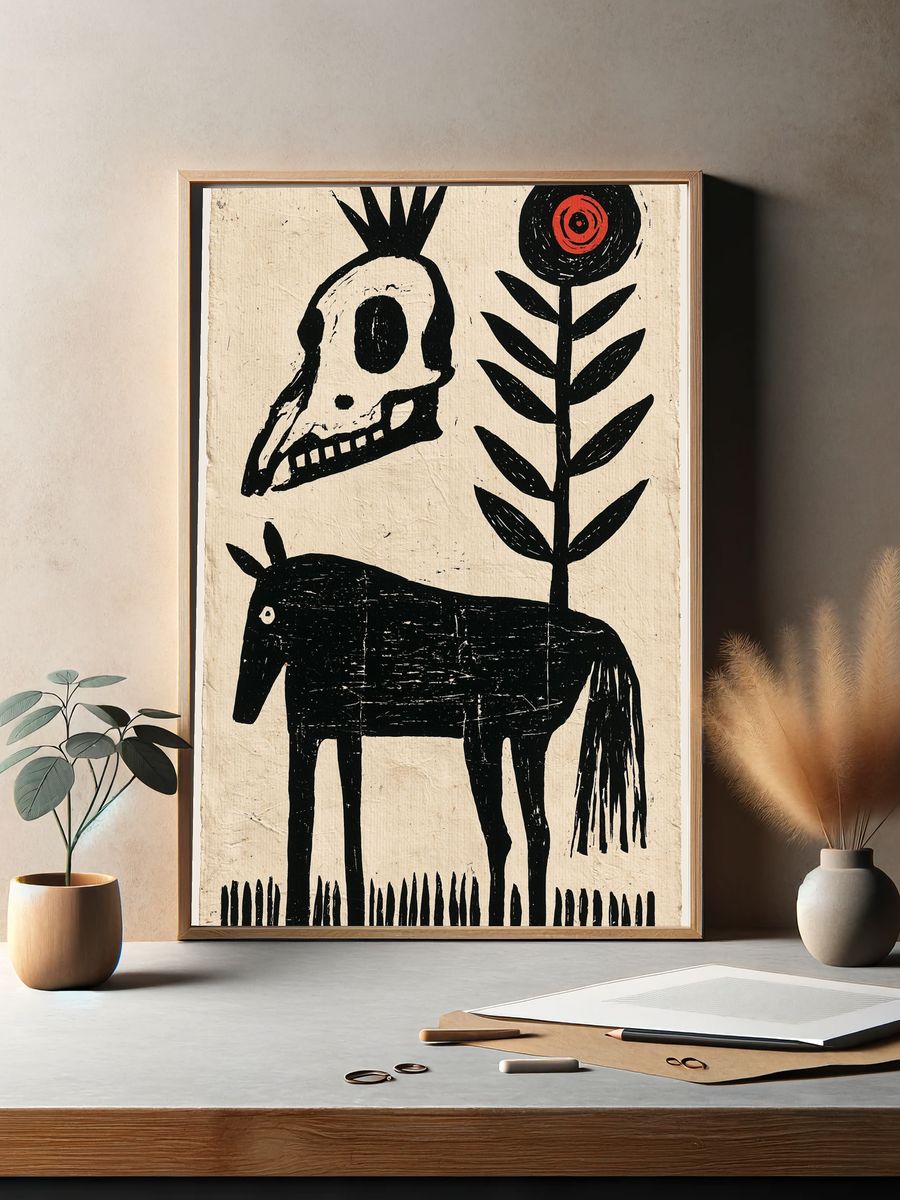 Folk Skull and Horse Print. — room view 2