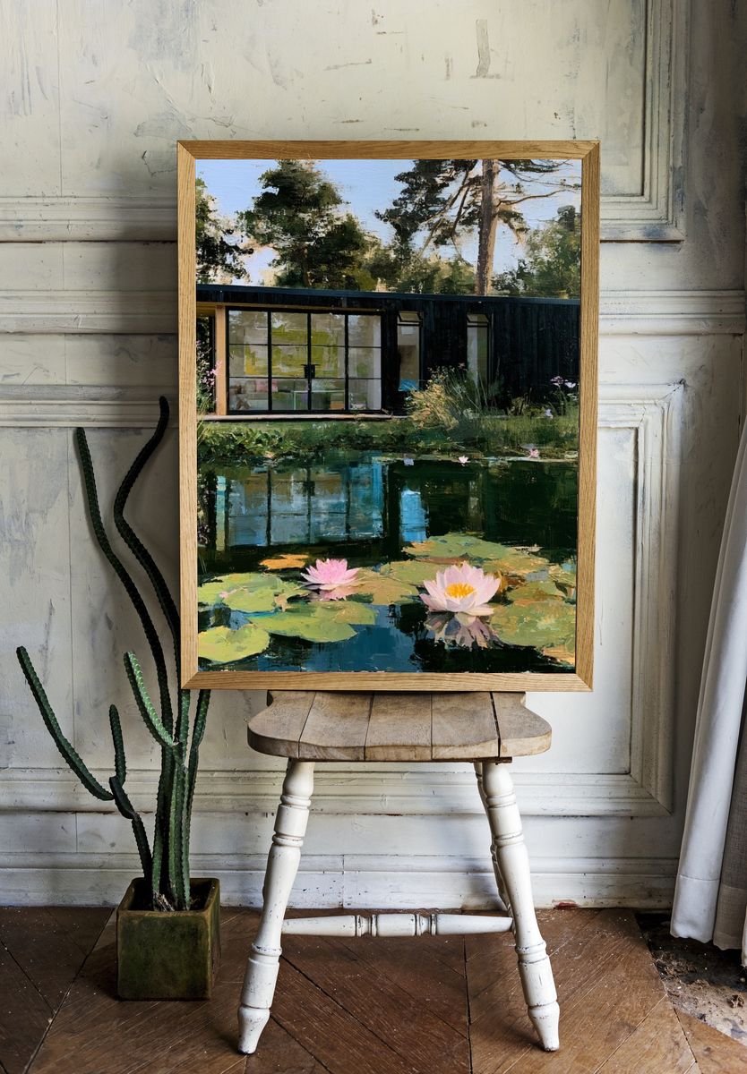 Lakeside Modern Cabin Impressionist Print. room preview