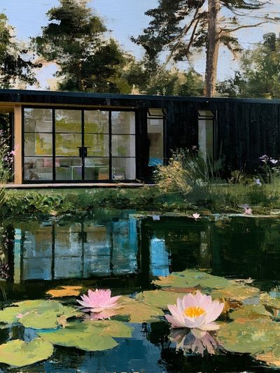 Lakeside Modern Cabin Impressionist Print.