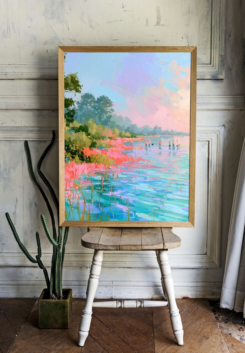 Pastel Lakeside Landscape Print. room preview