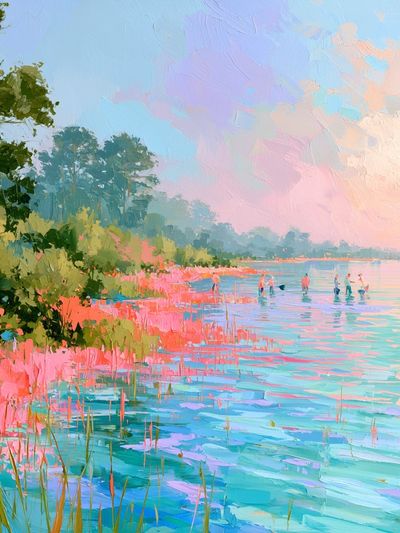 Pastel Lakeside Landscape Print. poster