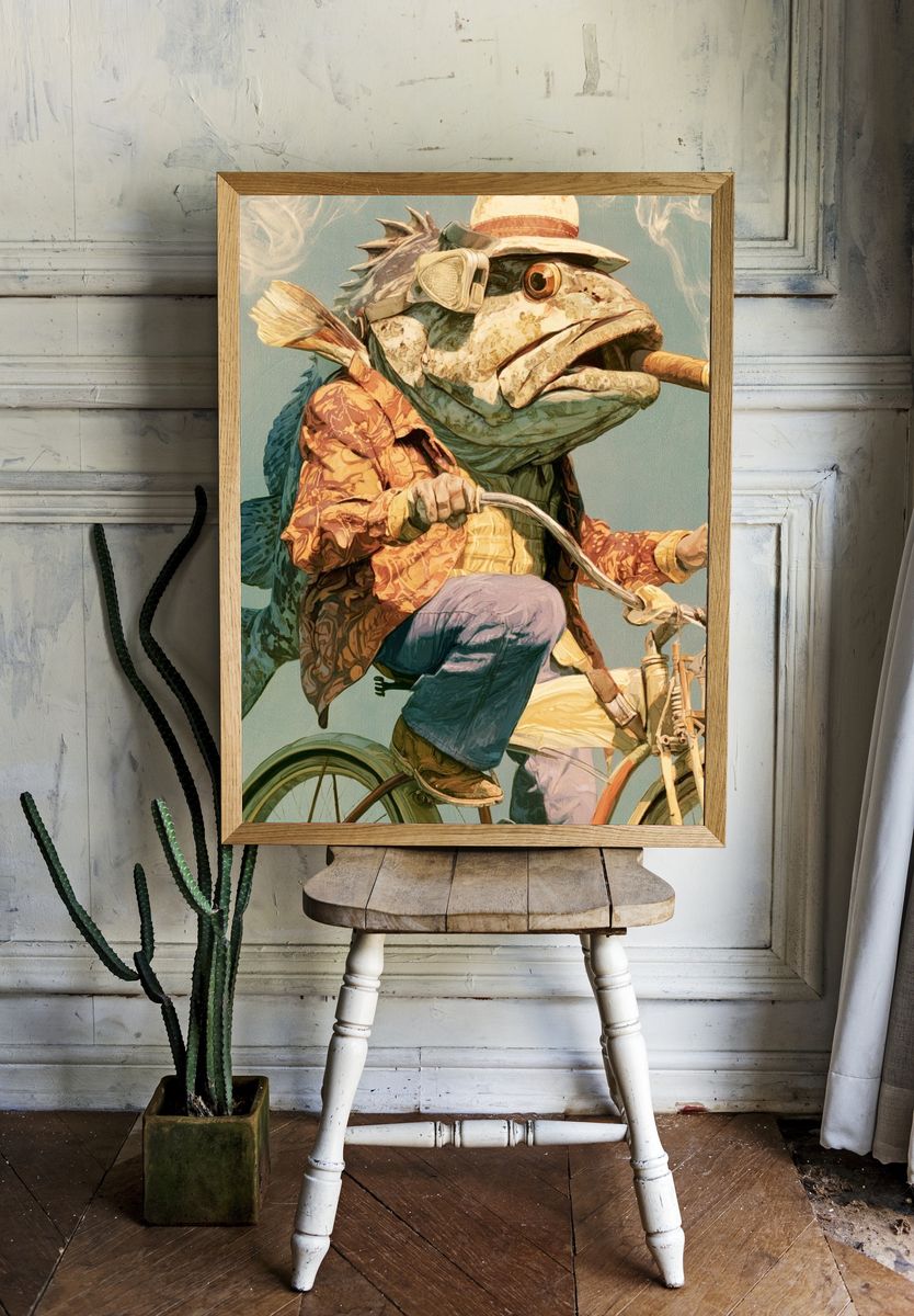 Fish on Bicycle Illustration Poster. room preview