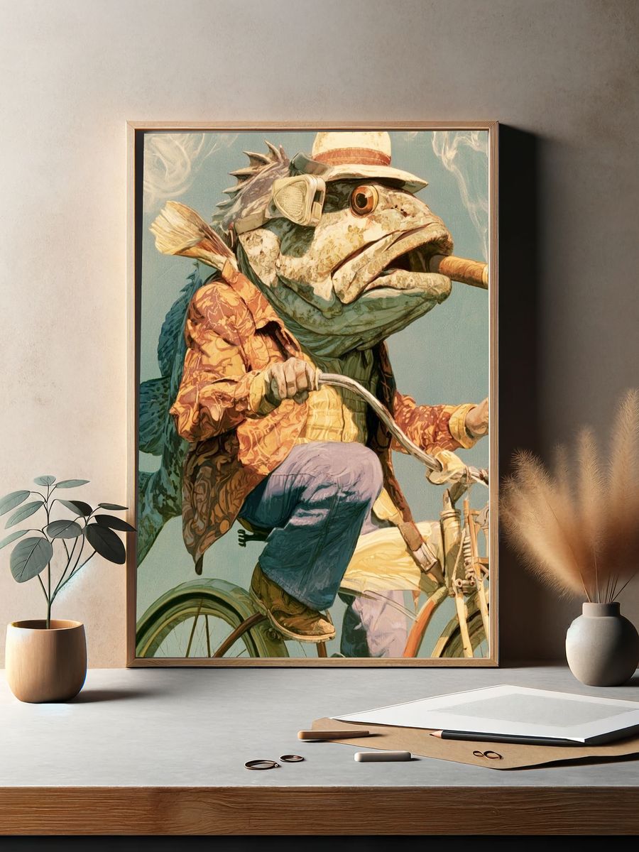 Fish on Bicycle Illustration Poster. — room view 2