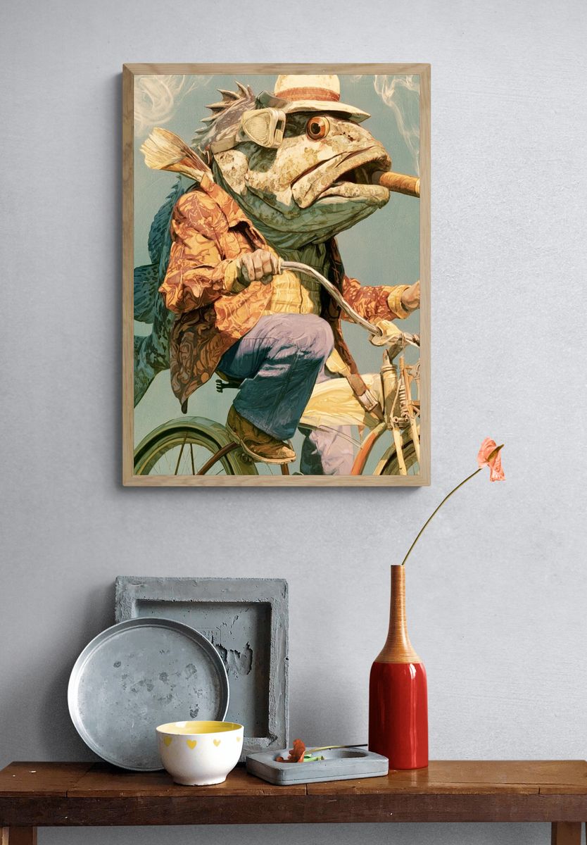 Fish on Bicycle Illustration Poster. — room view 3