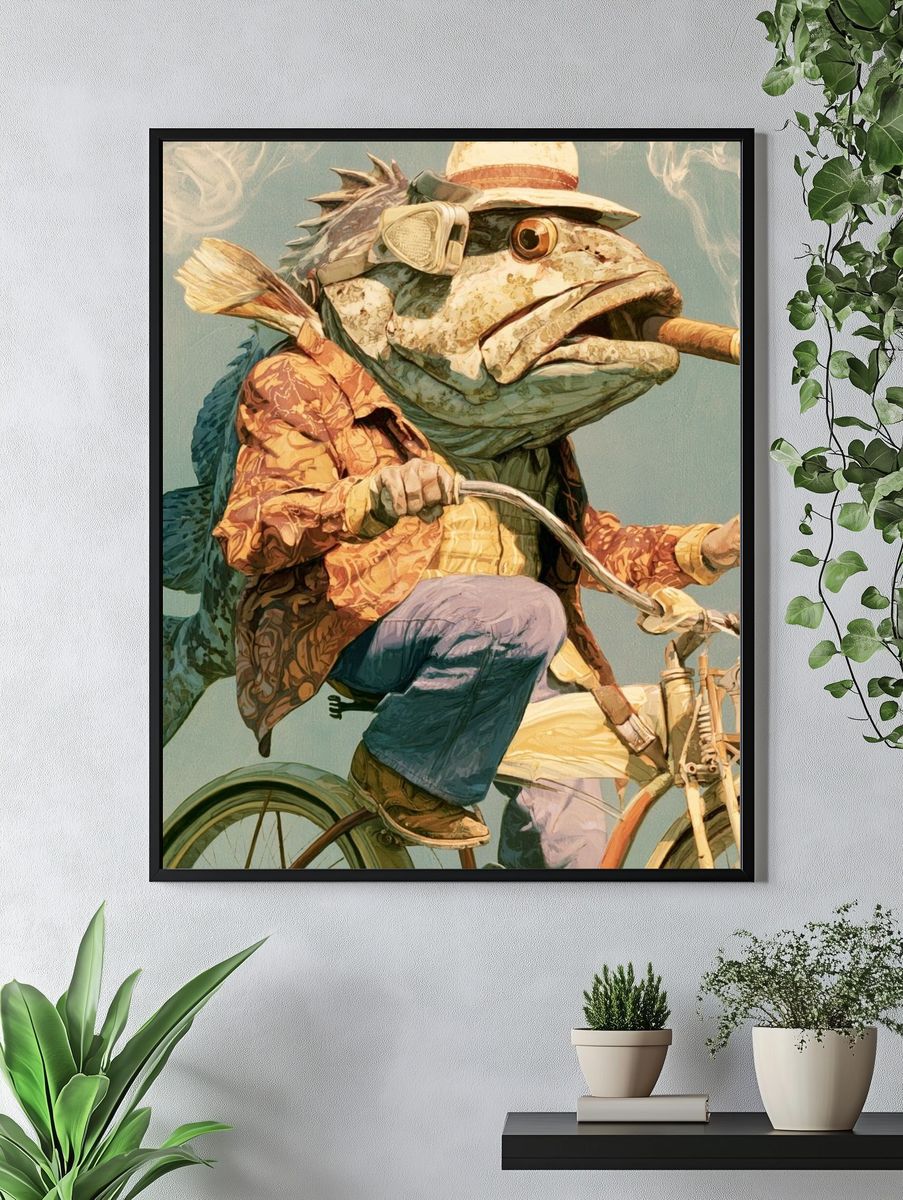Fish on Bicycle Illustration Poster. — room view 4