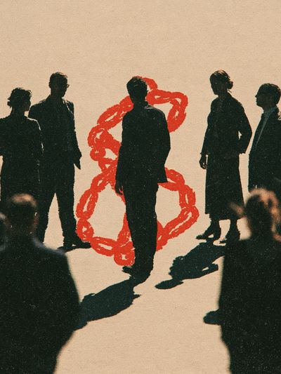 Silhouetted Crowd with Red Chain Print.