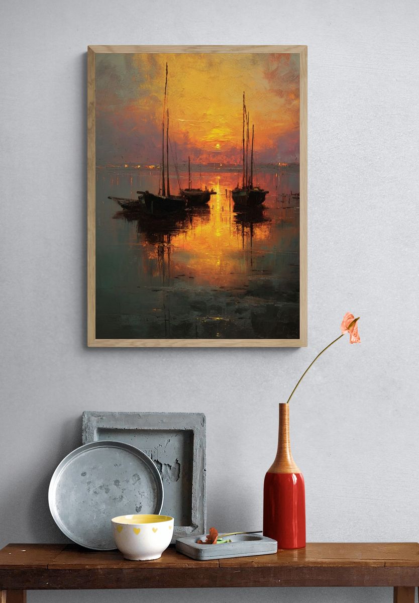 Sunset Sailboats Impressionist Poster. — room view 3