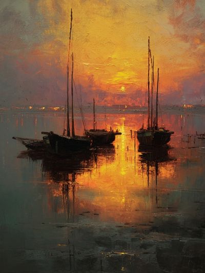 Sunset Sailboats Impressionist Poster.