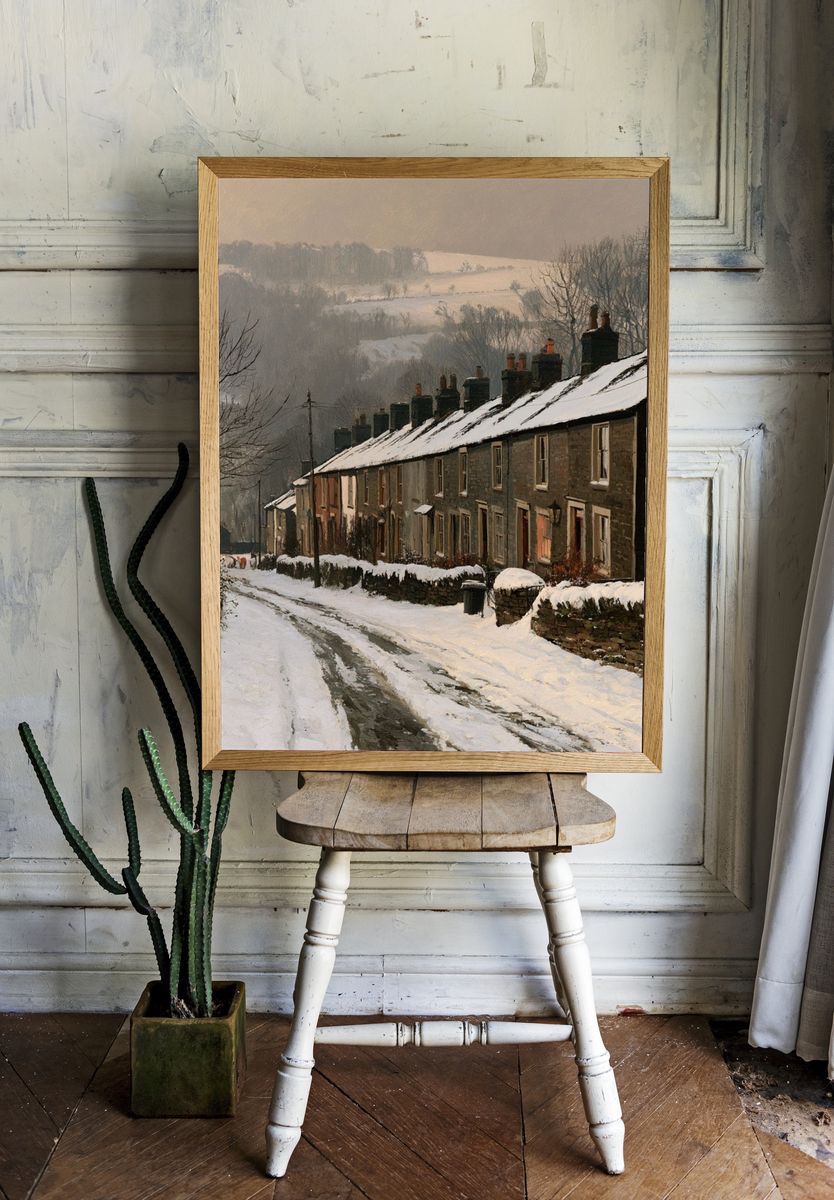 Snowy Village Lane — Fine-Art Print. room preview