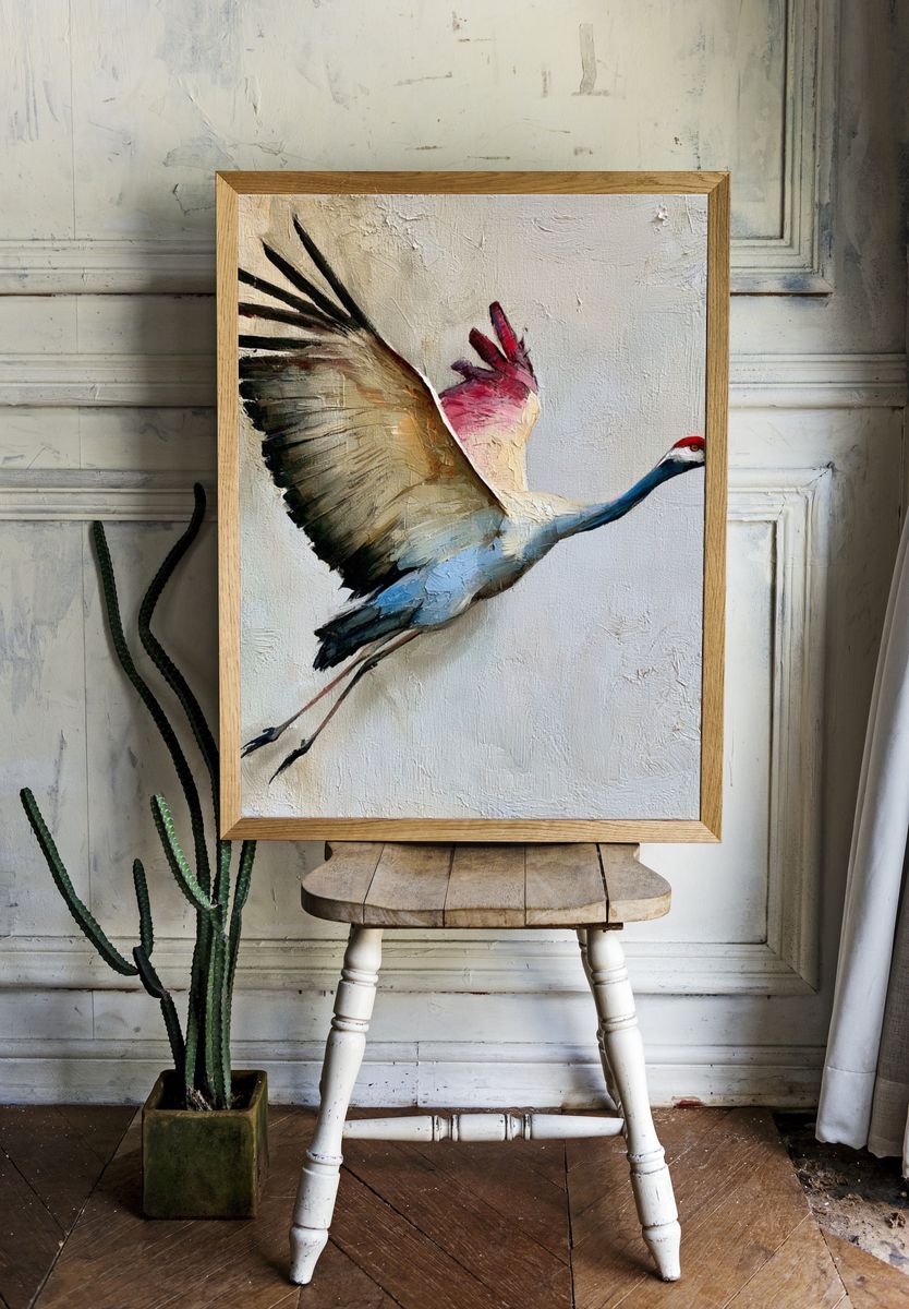 Crane in Flight Fine-Art Poster. room preview