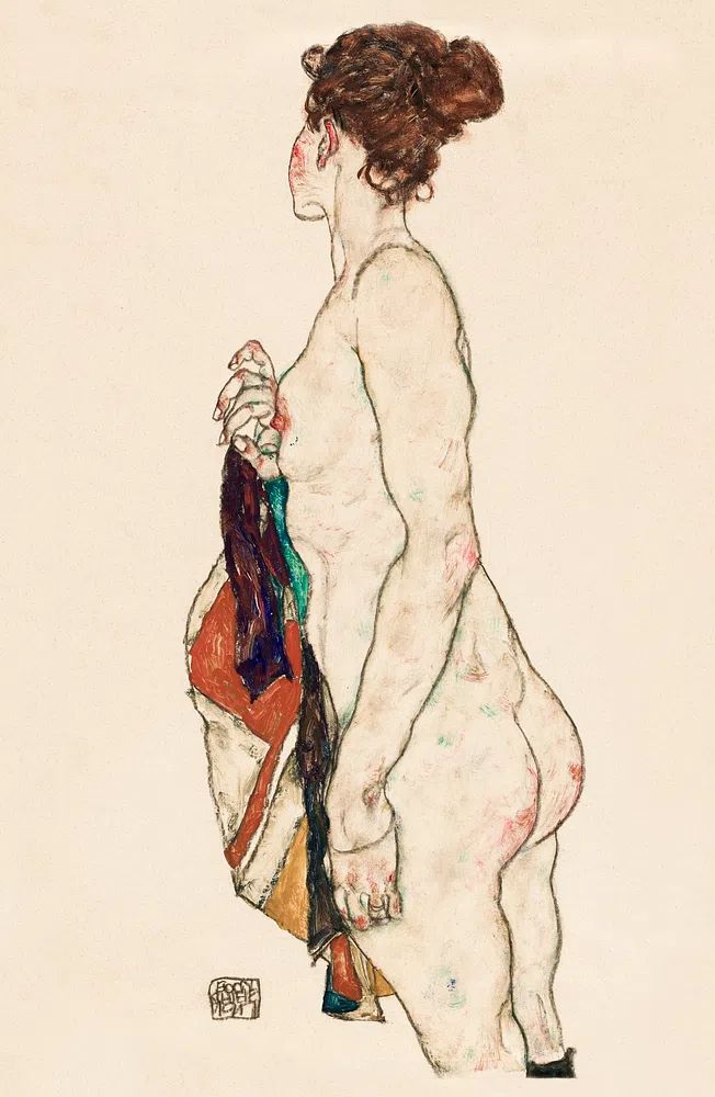 Standing Nude woman Patterned Robe. poster — fine-art art
