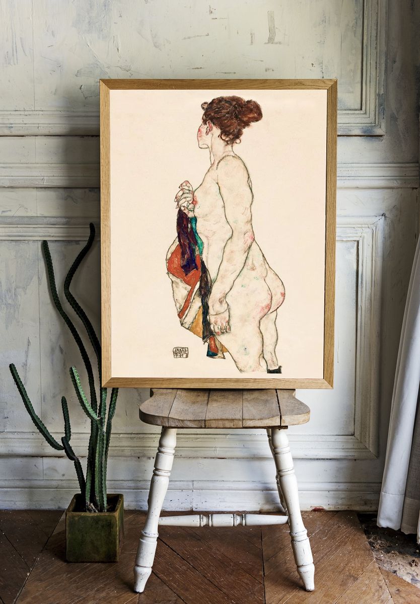Standing Nude woman Patterned Robe. — room view 1