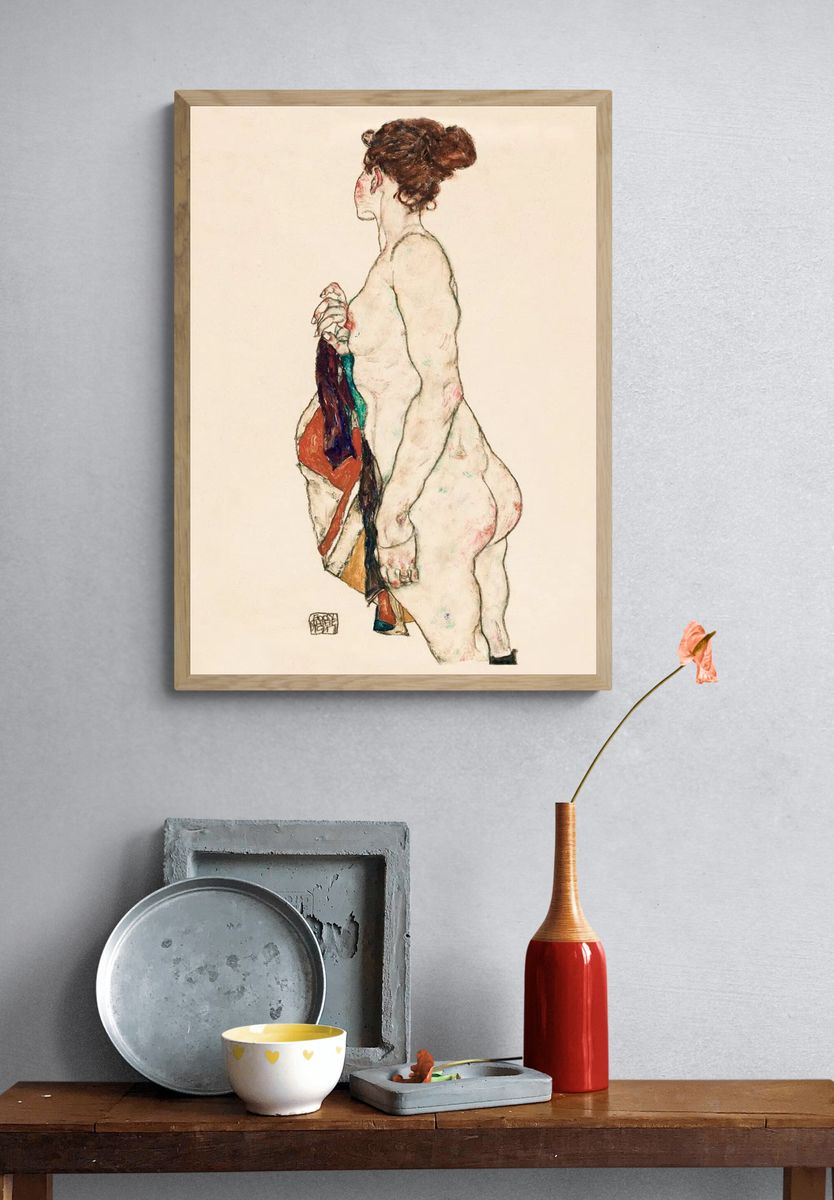 Standing Nude woman Patterned Robe. — room view 3