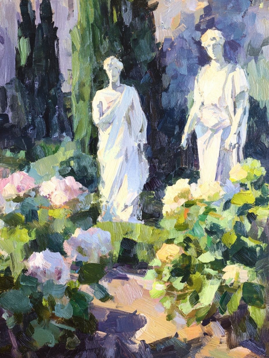 Garden Statues Impressionist Poster. poster detail
