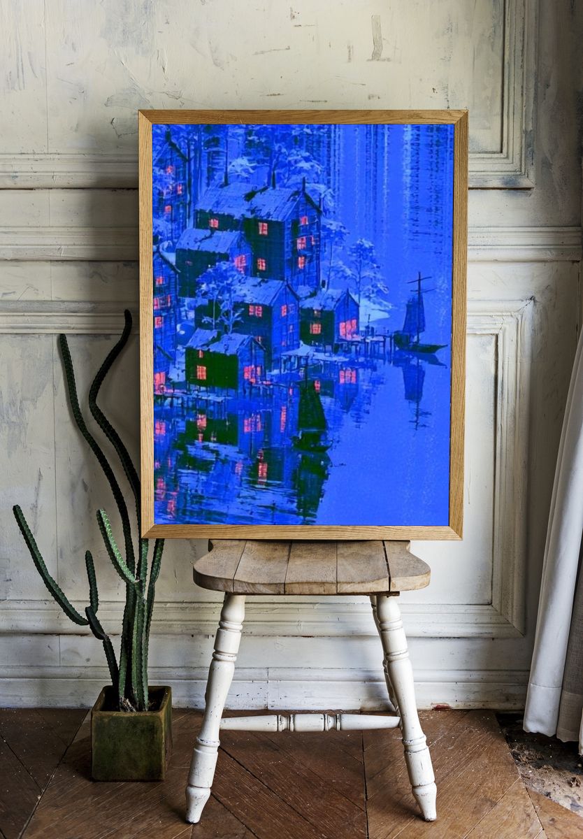 Snowy Lakeside Village — Fine-Art Print. room preview