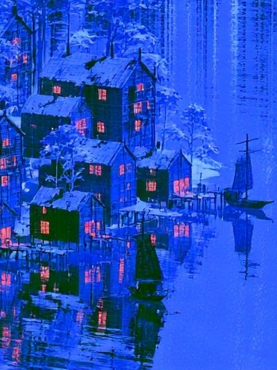 Snowy Lakeside Village — Fine-Art Print. poster