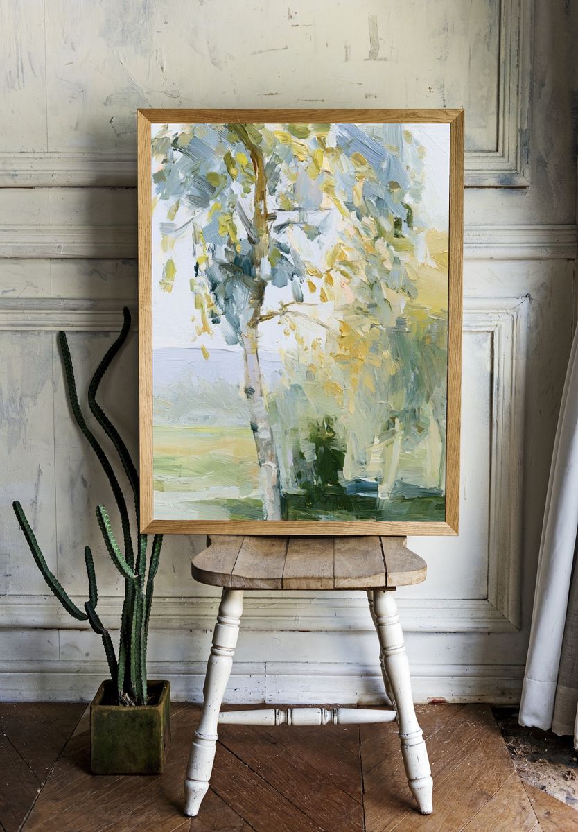 Birch Trees in Soft Light Print. room preview