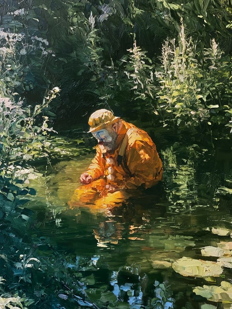 Clown in Forest Stream Poster. poster detail